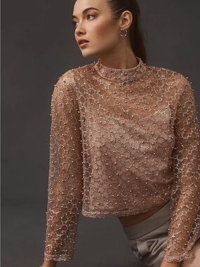 Anthropologie Blue Tassel Pearl Embellished Long-Sleeve Top XS